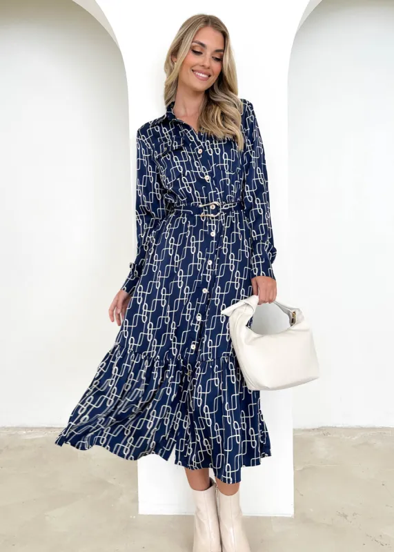 Stelley Midi Dress - Navy Geo sold by Gingham & Heels