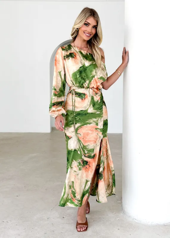 Elanor One Shoulder Midi Dress - Green Splash sold by Gingham & Heels