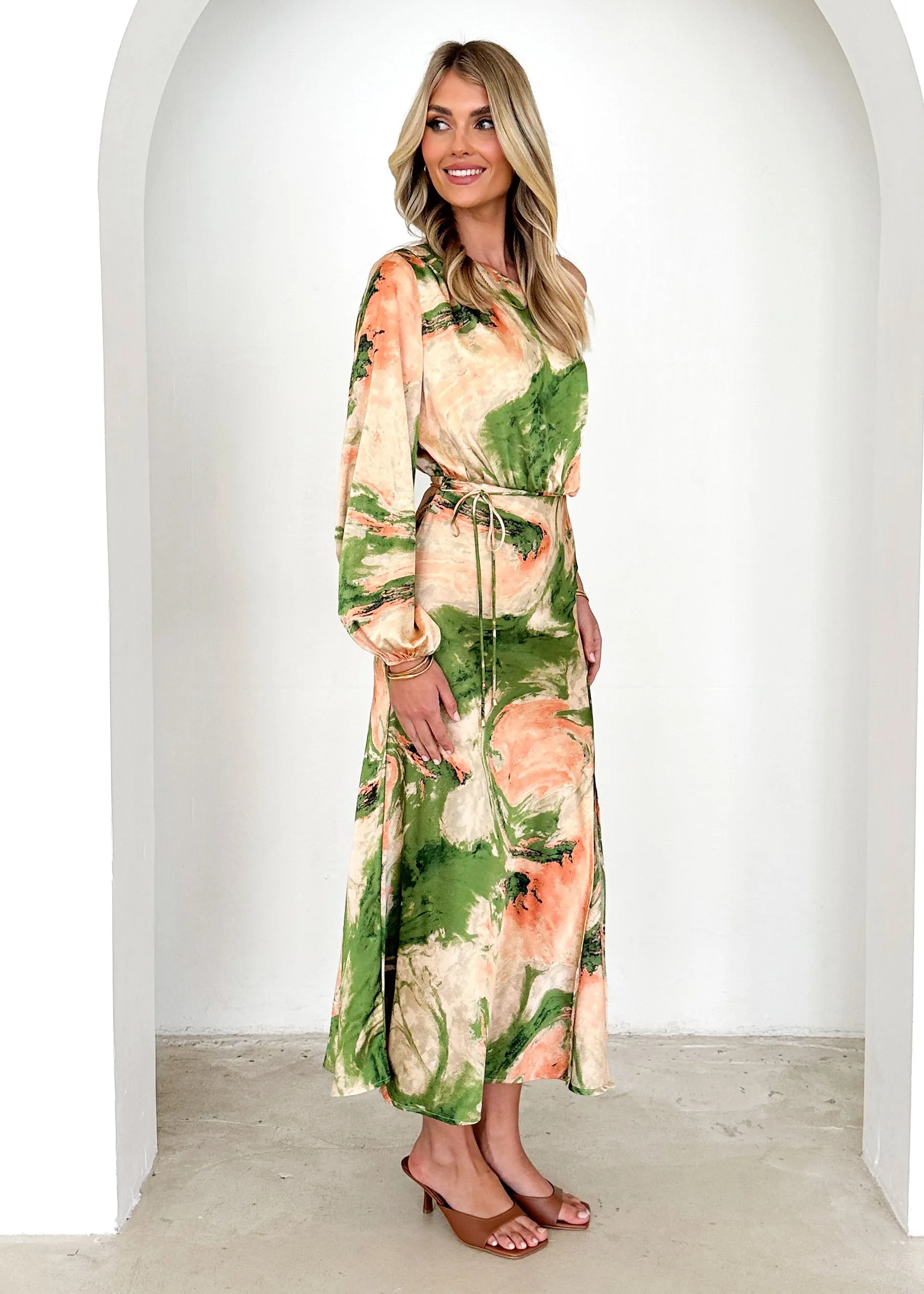 Elanor One Shoulder Midi Dress - Green Splash sold by Gingham & Heels product image thumbnail 4