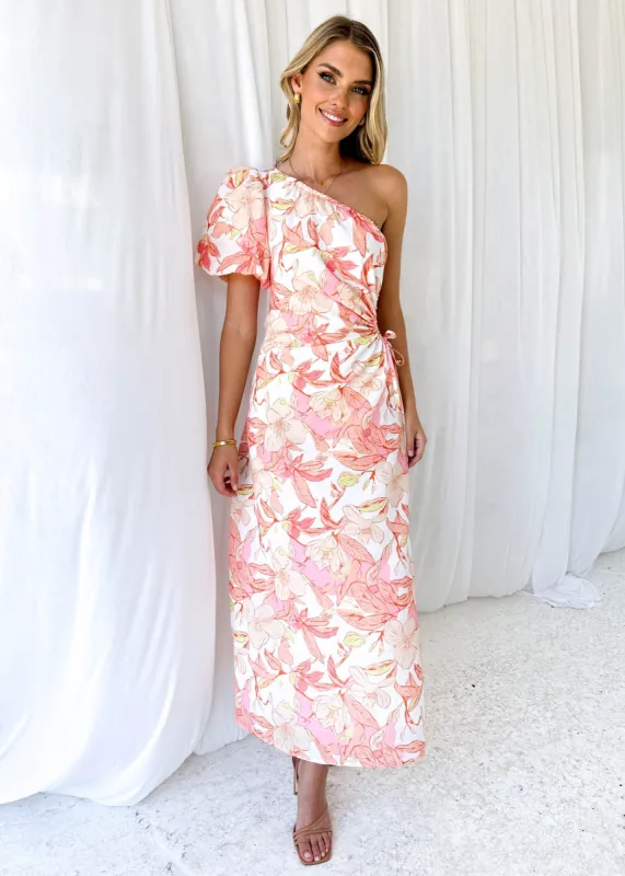 Zassie One Shoulder Midi Dress - Peach Floral sold by Gingham & Heels