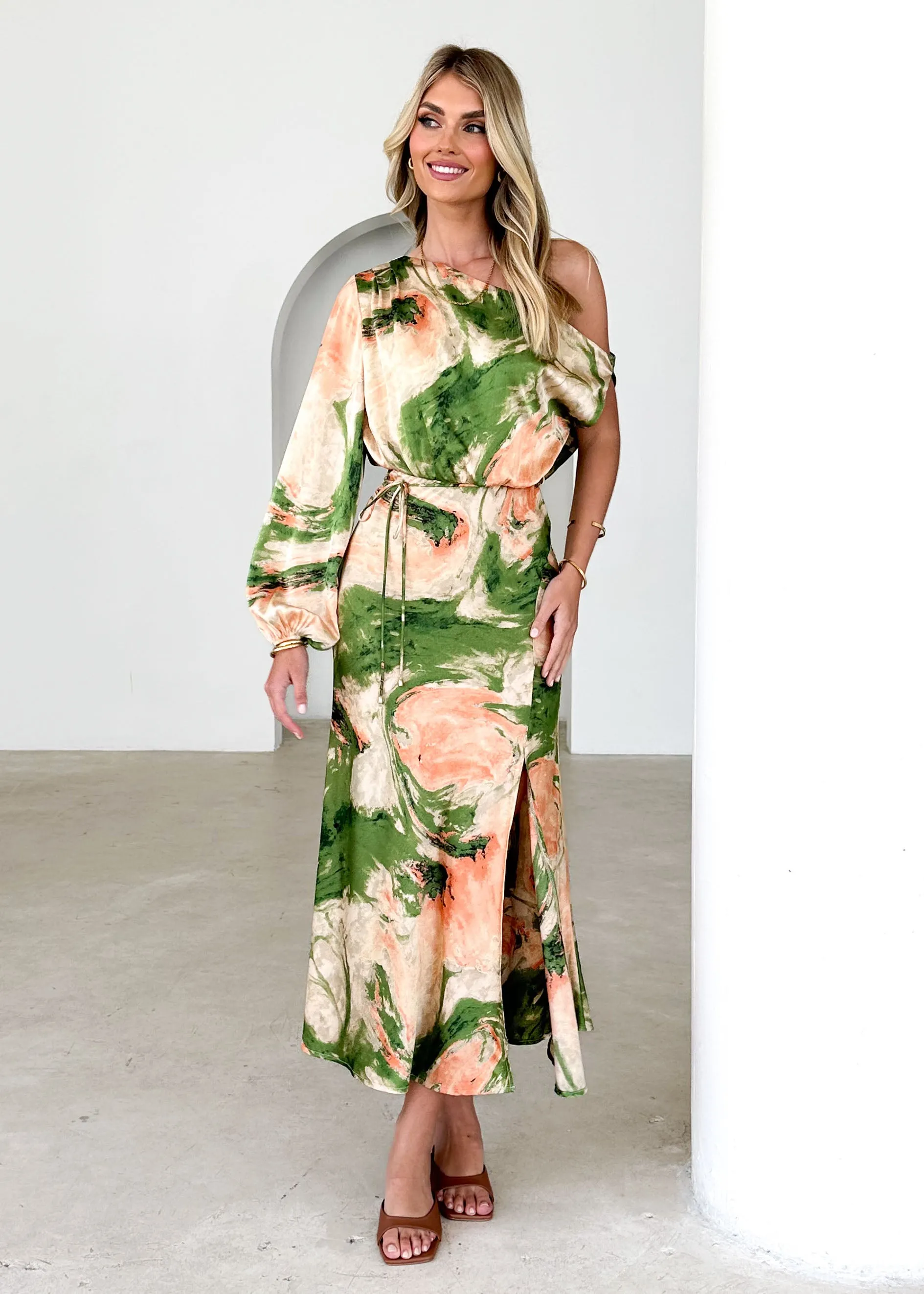 Elanor One Shoulder Midi Dress - Green Splash sold by Gingham & Heels product image thumbnail 2