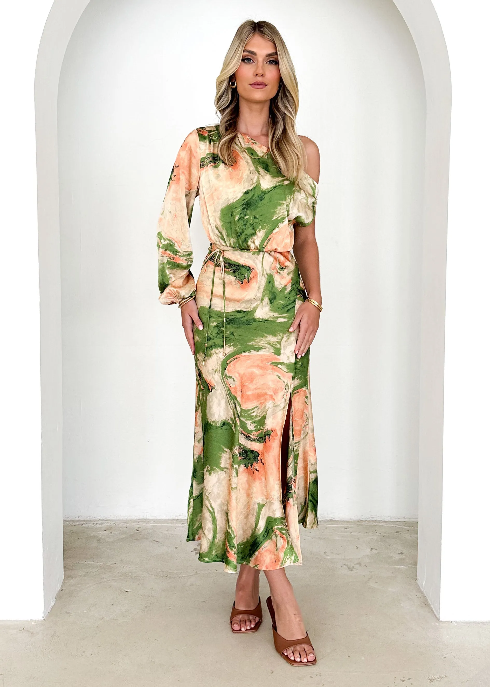 Elanor One Shoulder Midi Dress - Green Splash sold by Gingham & Heels product image thumbnail 3