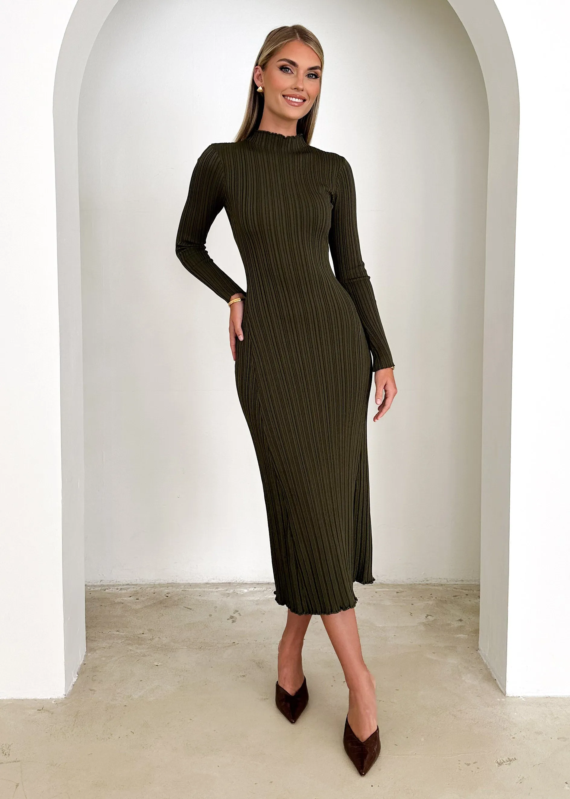 Minie Knit Midi Dress - Khaki sold by Gingham & Heels product image thumbnail 4