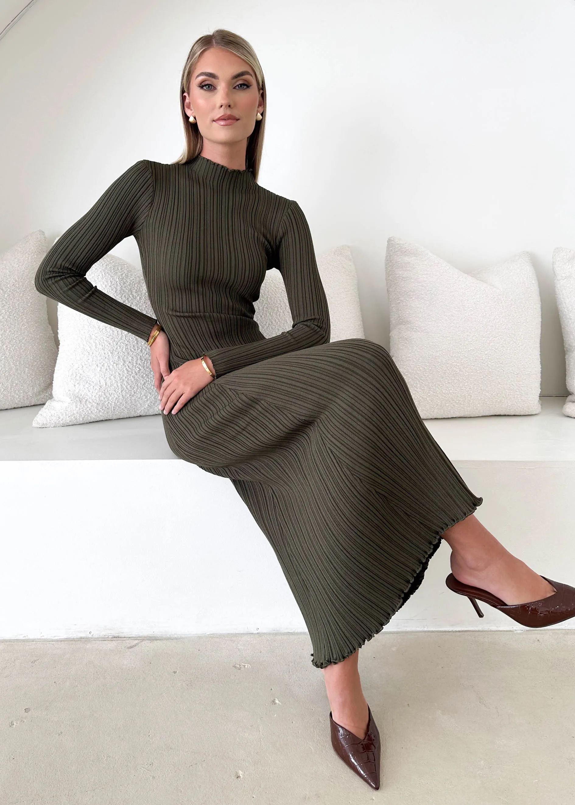 Minie Knit Midi Dress - Khaki sold by Gingham & Heels product image thumbnail 2