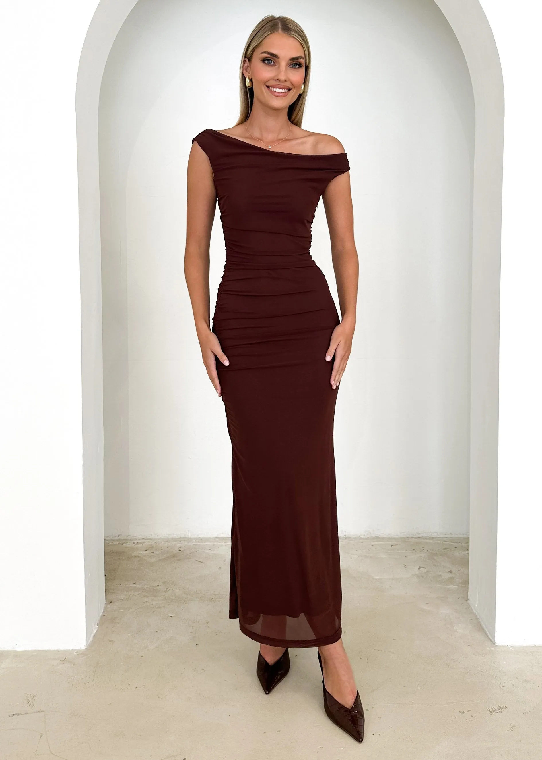 Meshka Mesh Maxi Dress - Chocolate sold by Gingham & Heels product image thumbnail 3