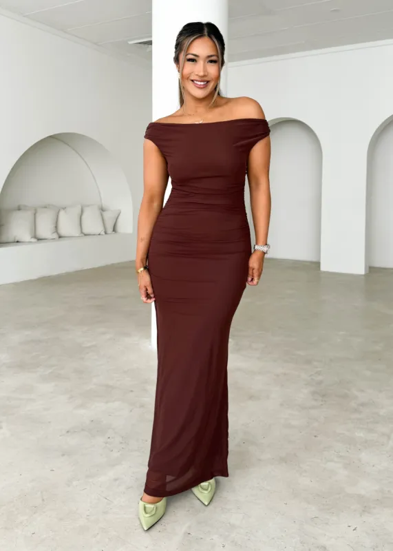 Meshka Mesh Maxi Dress - Chocolate sold by Gingham & Heels