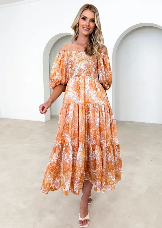 Irma Off Shoulder Midi Dress - Orange Floral sold by Gingham & Heels