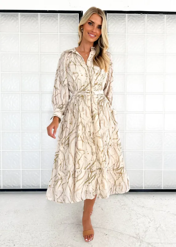 Bonnie Midi Dress - Beige Swirl sold by Gingham & Heels