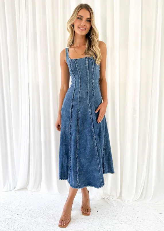 Sachi Stretch Denim Midi Dress - Dark Blue sold by Gingham & Heels