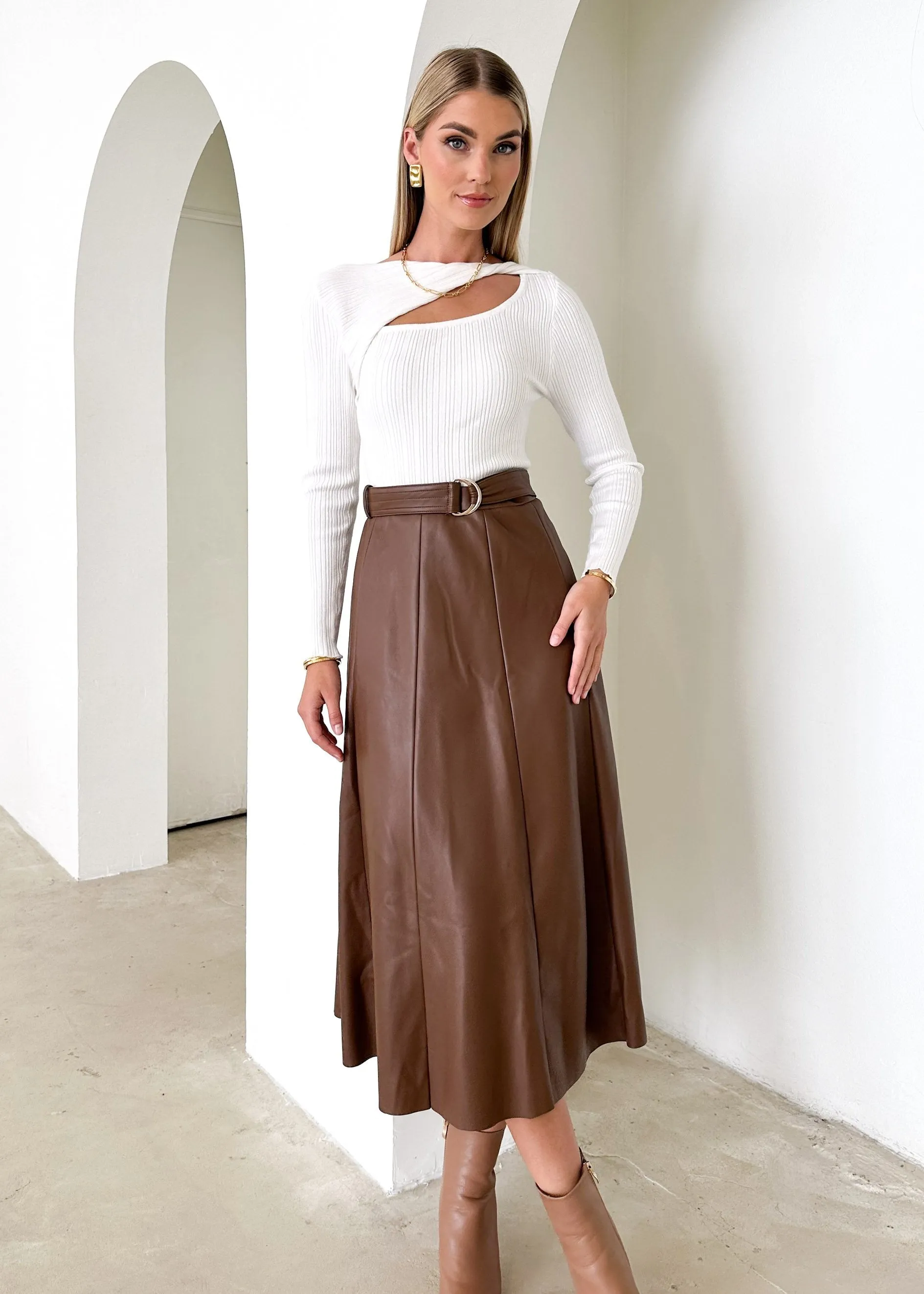Nietta PU Midi Skirt - Mocha sold by Gingham & Heels