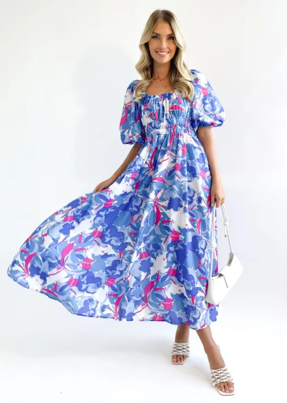 Seline Midi Dress - Blue Abstract sold by Gingham & Heels