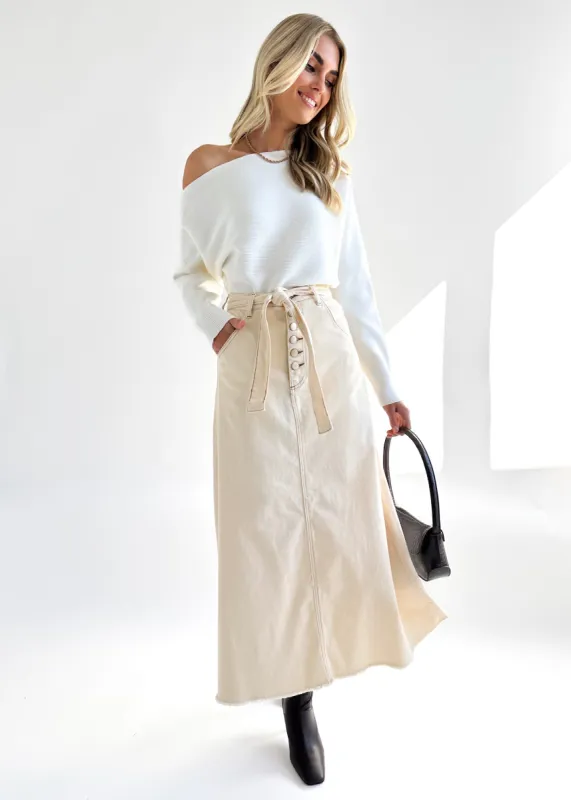Eddison Stretch Denim Maxi Skirt - Cream sold by Gingham & Heels