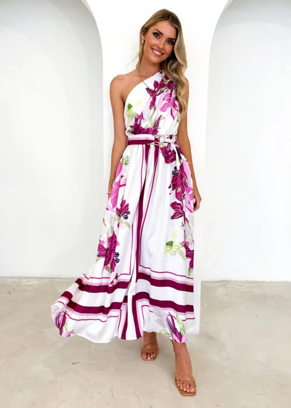 Korah One Shoulder Midi Dress - Magenta Flowers sold by Gingham & Heels