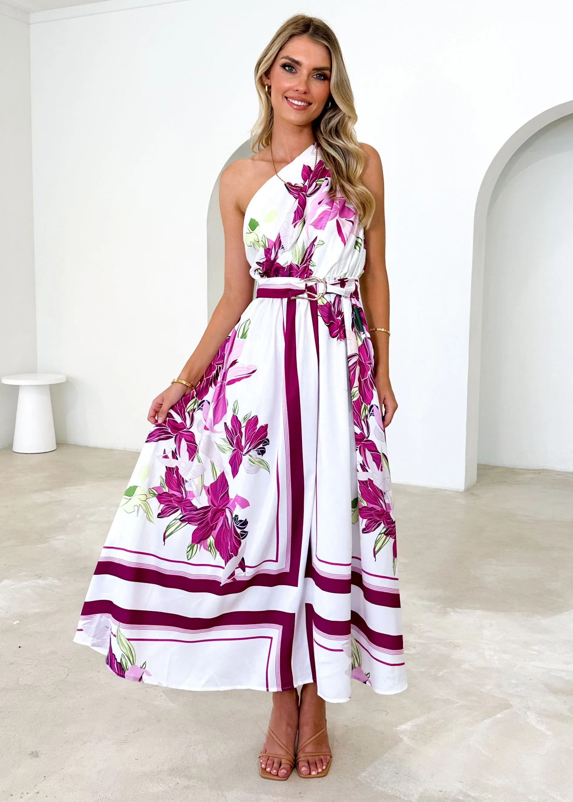 Korah One Shoulder Midi Dress - Magenta Flowers sold by Gingham & Heels product image thumbnail 4