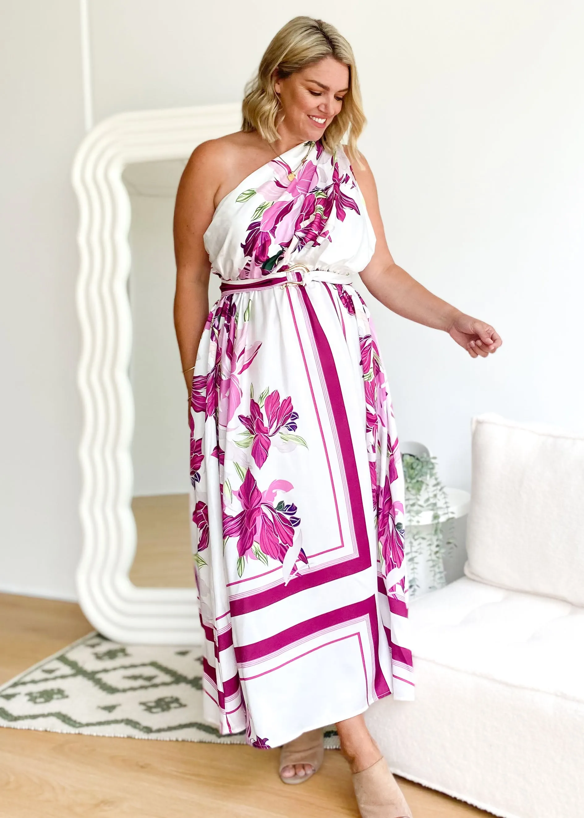 Korah One Shoulder Midi Dress - Magenta Flowers sold by Gingham & Heels product image thumbnail 2