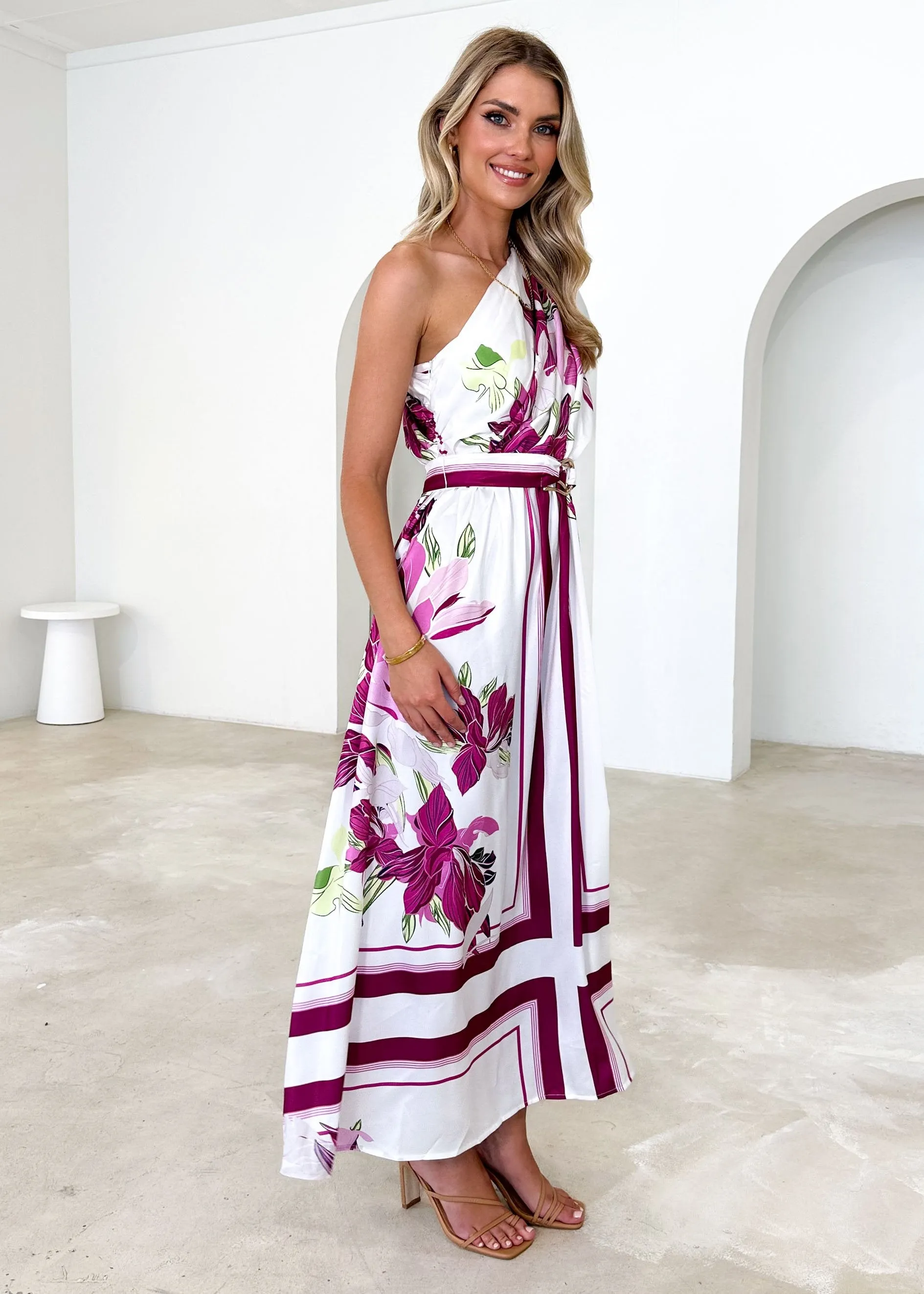 Korah One Shoulder Midi Dress - Magenta Flowers sold by Gingham & Heels product image thumbnail 5