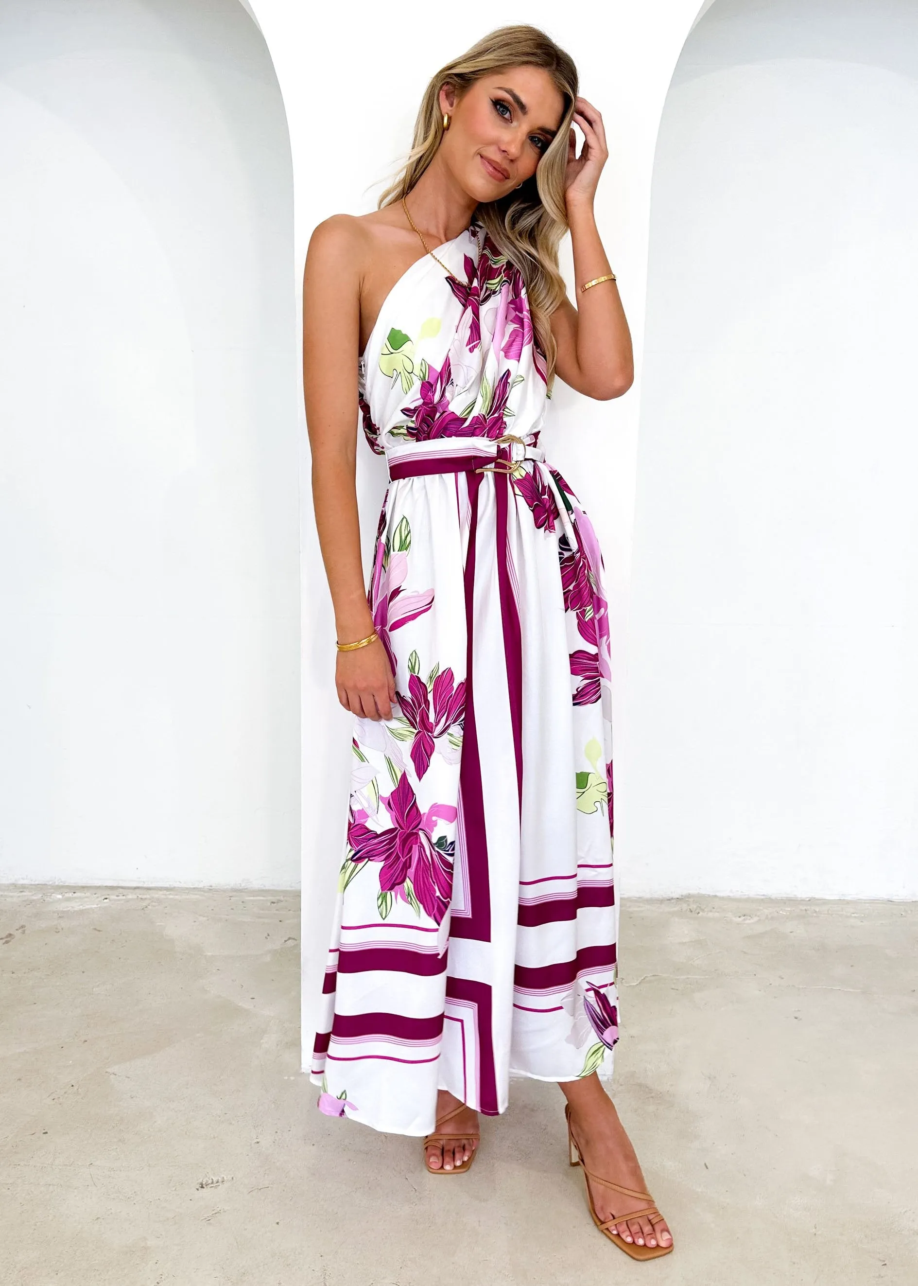 Korah One Shoulder Midi Dress - Magenta Flowers sold by Gingham & Heels product image thumbnail 3