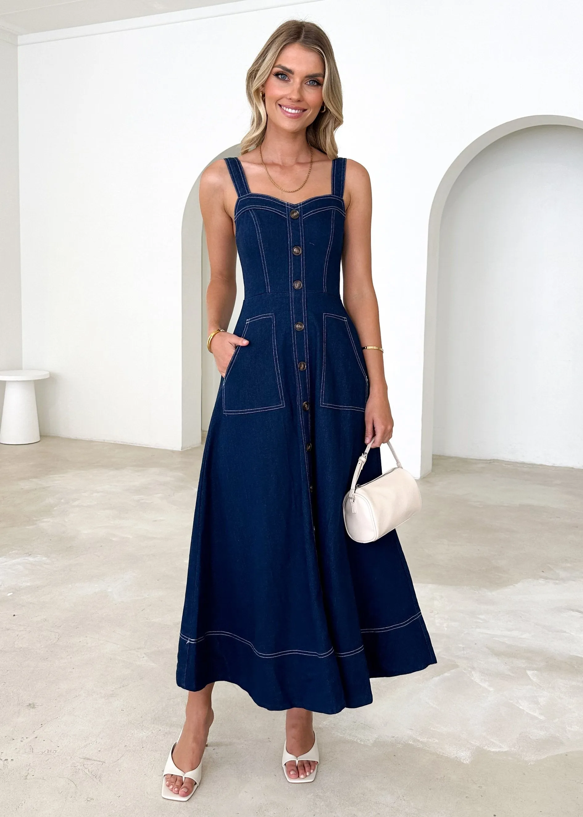 Millenia Stretch Denim Midi Dress - Indigo sold by Gingham & Heels product image thumbnail 3