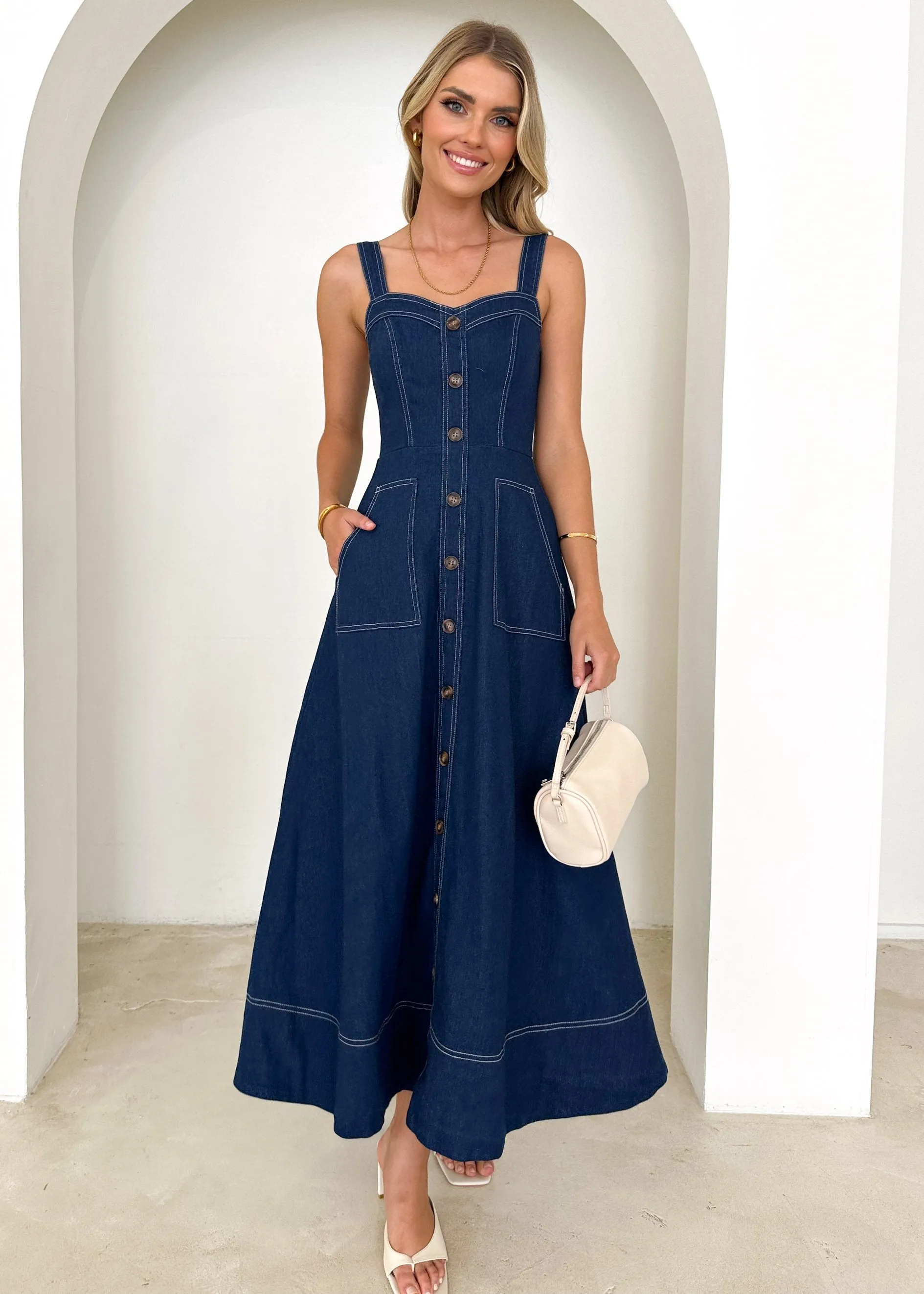 Millenia Stretch Denim Midi Dress - Indigo sold by Gingham & Heels