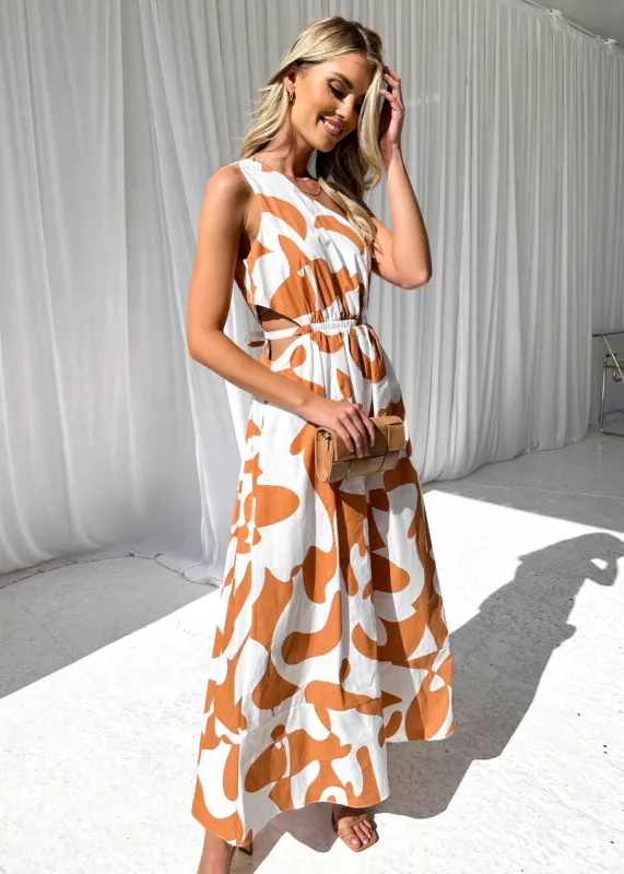 Joelle Midi Dress - Tan Geo sold by Gingham & Heels