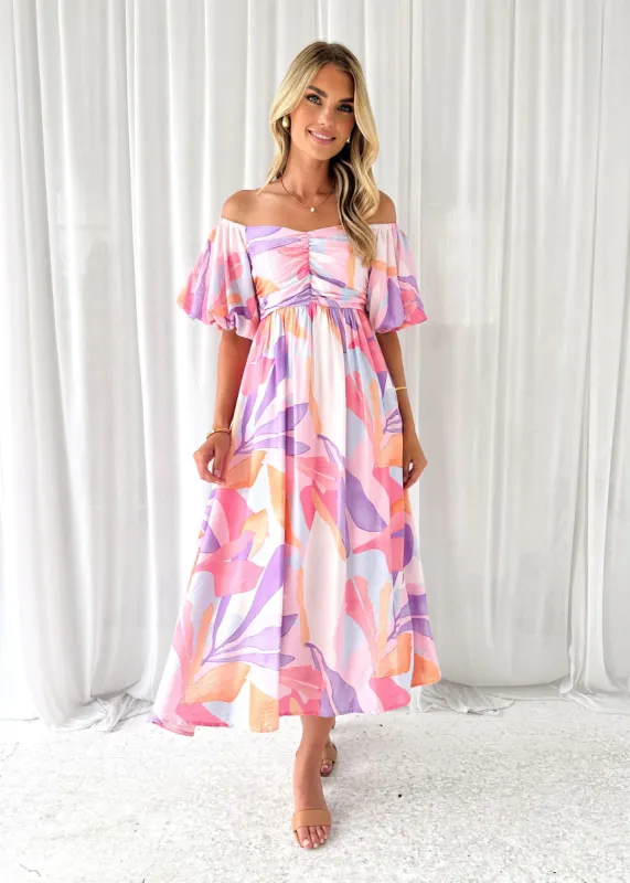 Ressley Off Shoulder Midi Dress - Pastel Leaf sold by Gingham & Heels