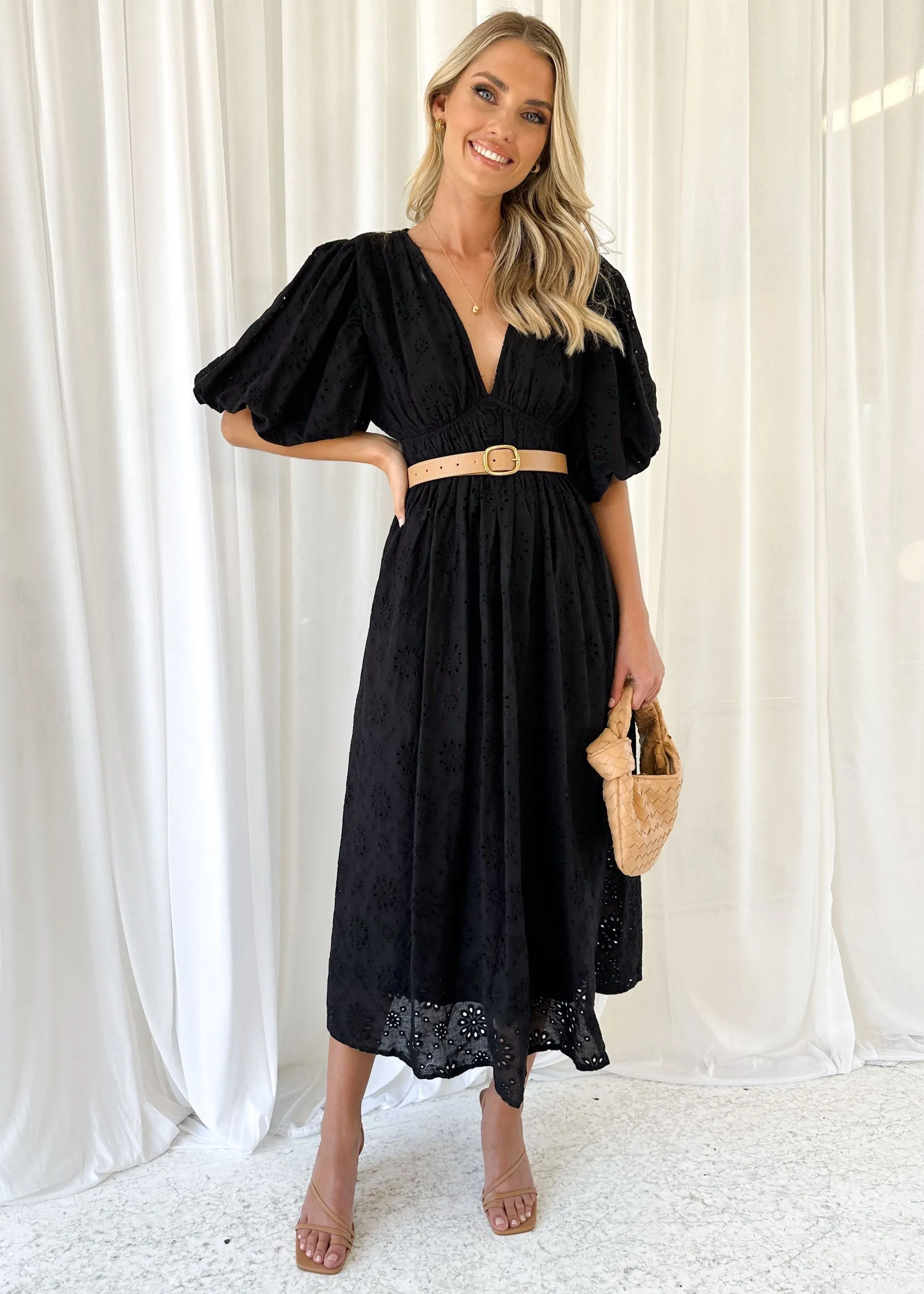 Leonida Midi Dress - Black Anglaise sold by Gingham & Heels