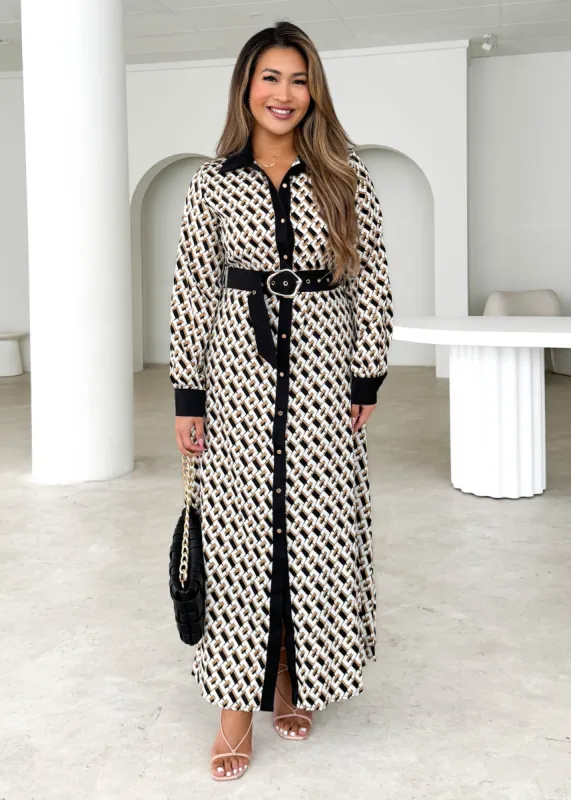 Melan Midi Dress - Camel Geo sold by Gingham & Heels