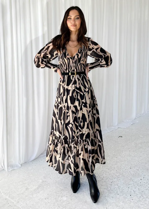 Angee Maxi Dress - Black Abstract sold by Gingham & Heels