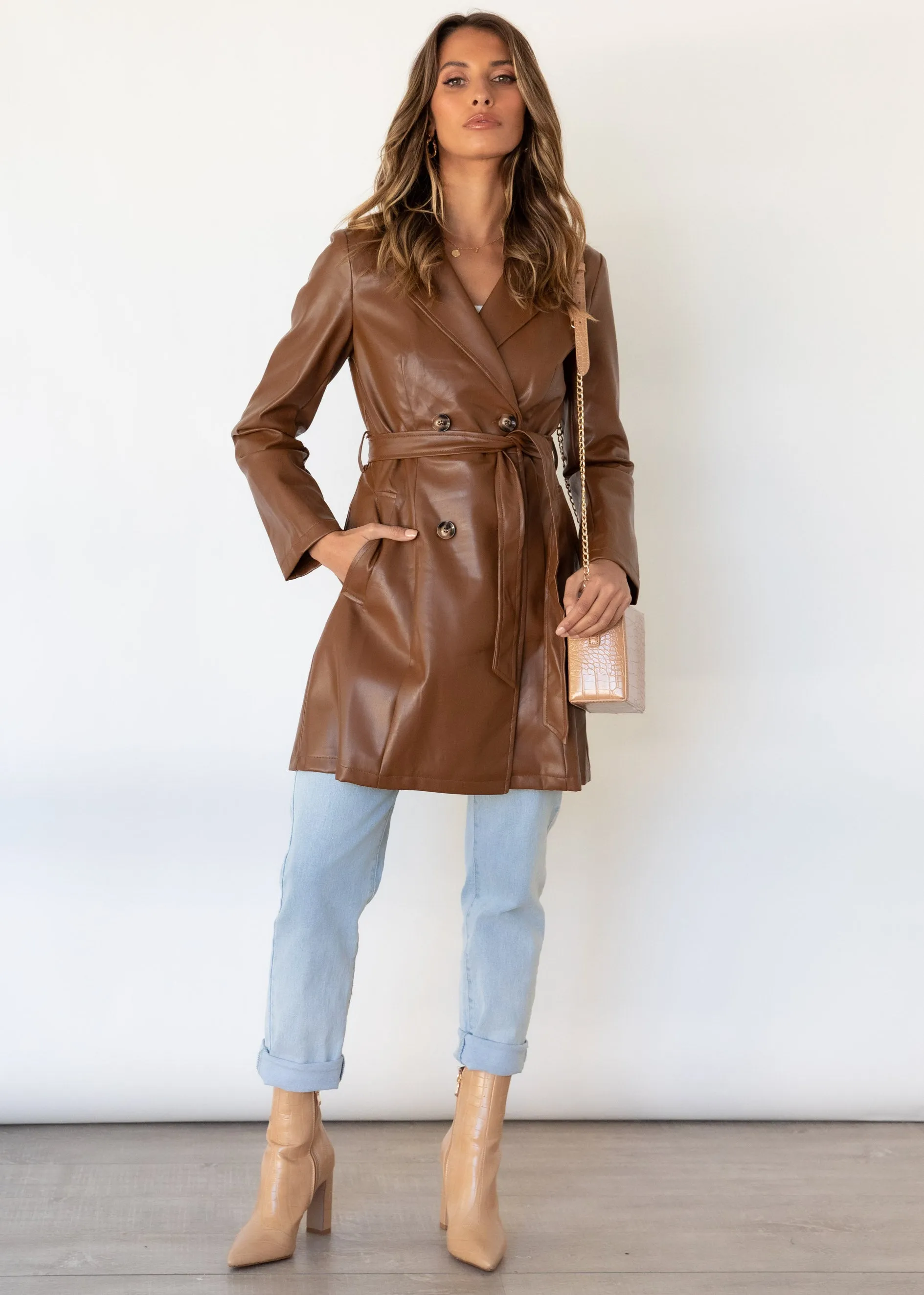 Naoki Leather Look Coat - Chocolate sold by Gingham & Heels