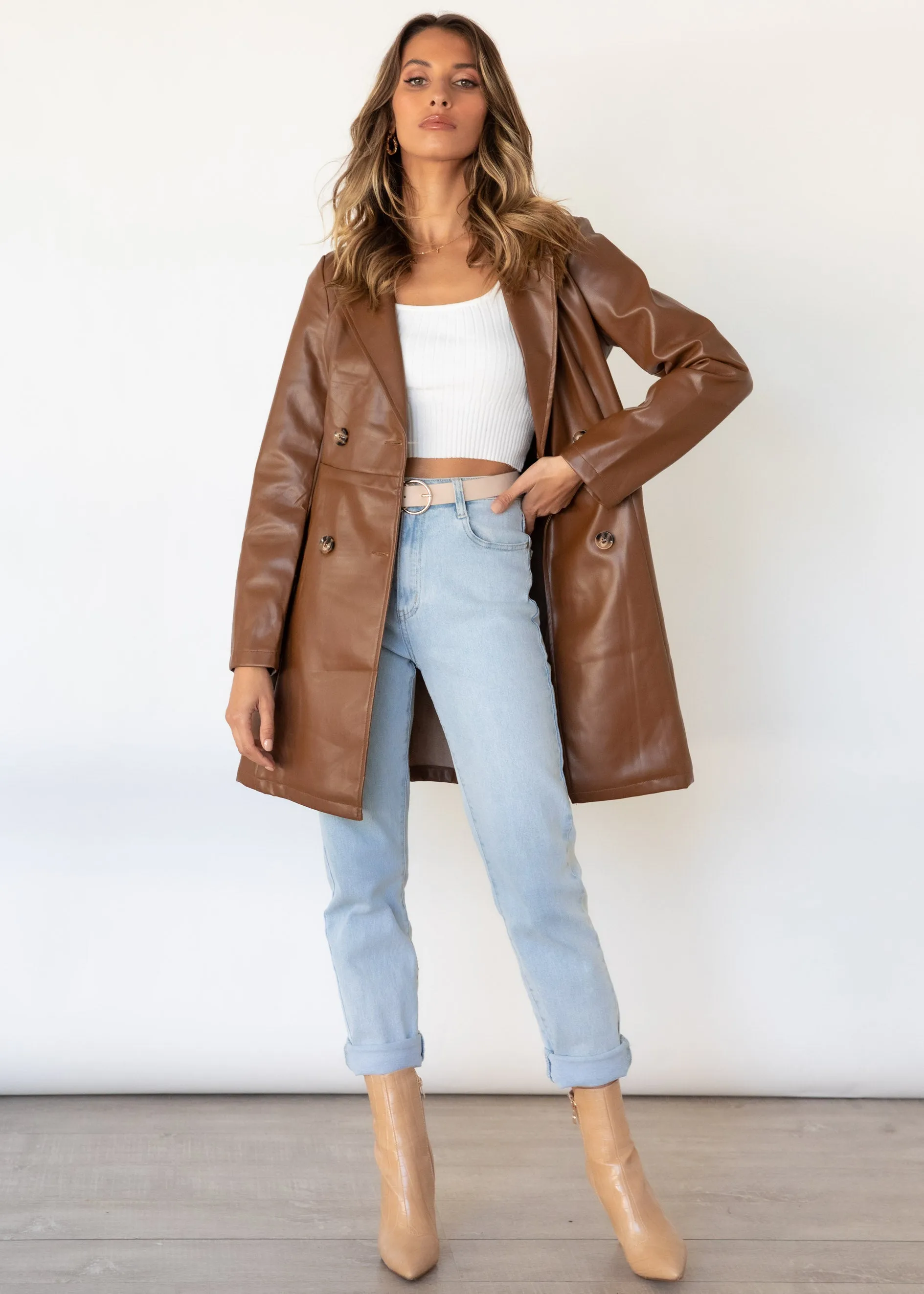 Naoki Leather Look Coat - Chocolate sold by Gingham & Heels product image thumbnail 2