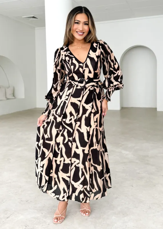 Mimska Midi Dress - Black Abstract sold by Gingham & Heels