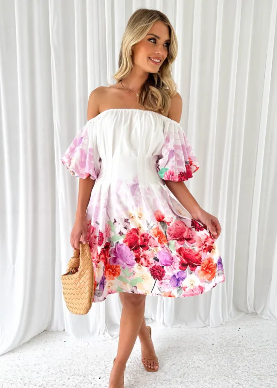 Audra Off Shoulder Dress - White Floral sold by Gingham & Heels