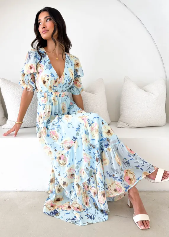 Armella Maxi Dress - Pale Blue Floral sold by Gingham & Heels