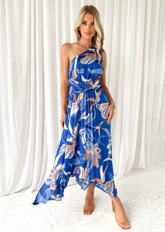 Dion One Shoulder Midi Dress - Cobalt Jasmine sold by Gingham & Heels