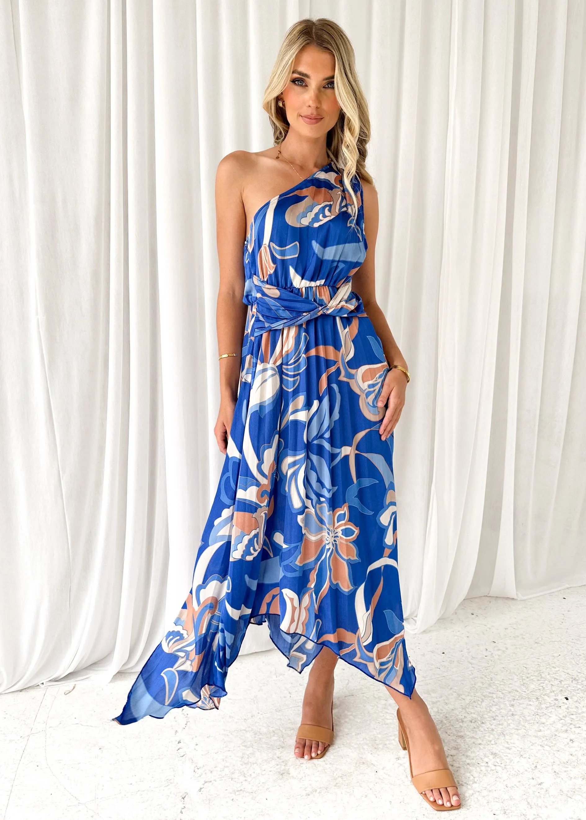Dion One Shoulder Midi Dress - Cobalt Jasmine sold by Gingham & Heels