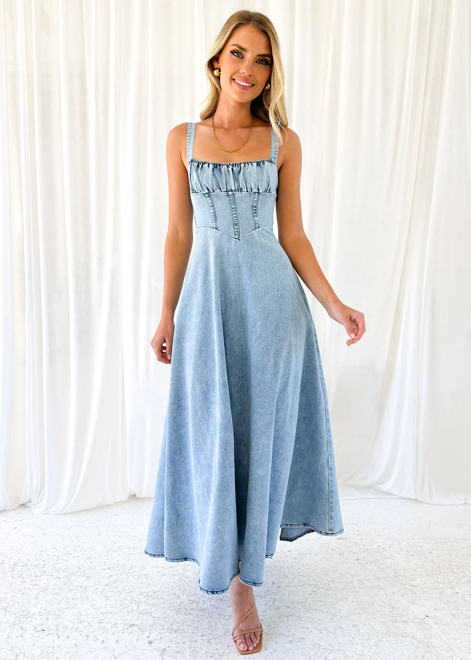Lynda Stretch Denim Midi Dress - Washed Blue sold by Gingham & Heels