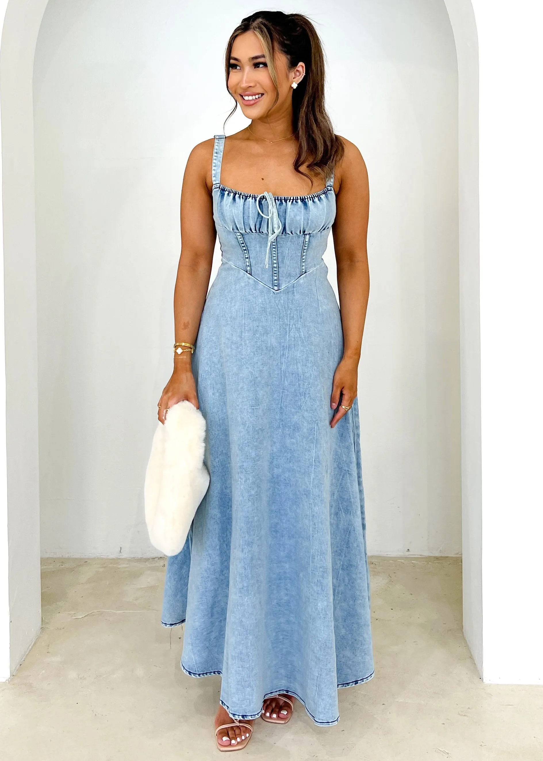 Lynda Stretch Denim Midi Dress - Washed Blue sold by Gingham & Heels product image thumbnail 2