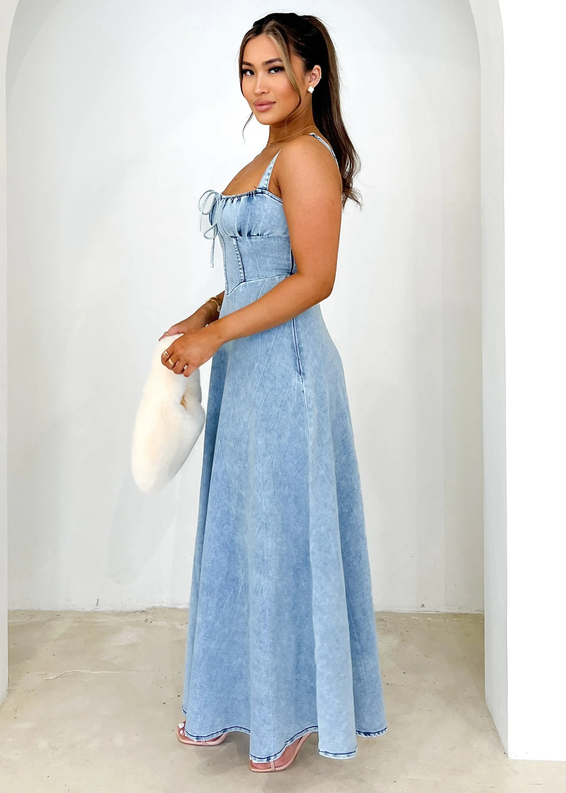 Lynda Stretch Denim Midi Dress - Washed Blue sold by Gingham & Heels product image thumbnail 4