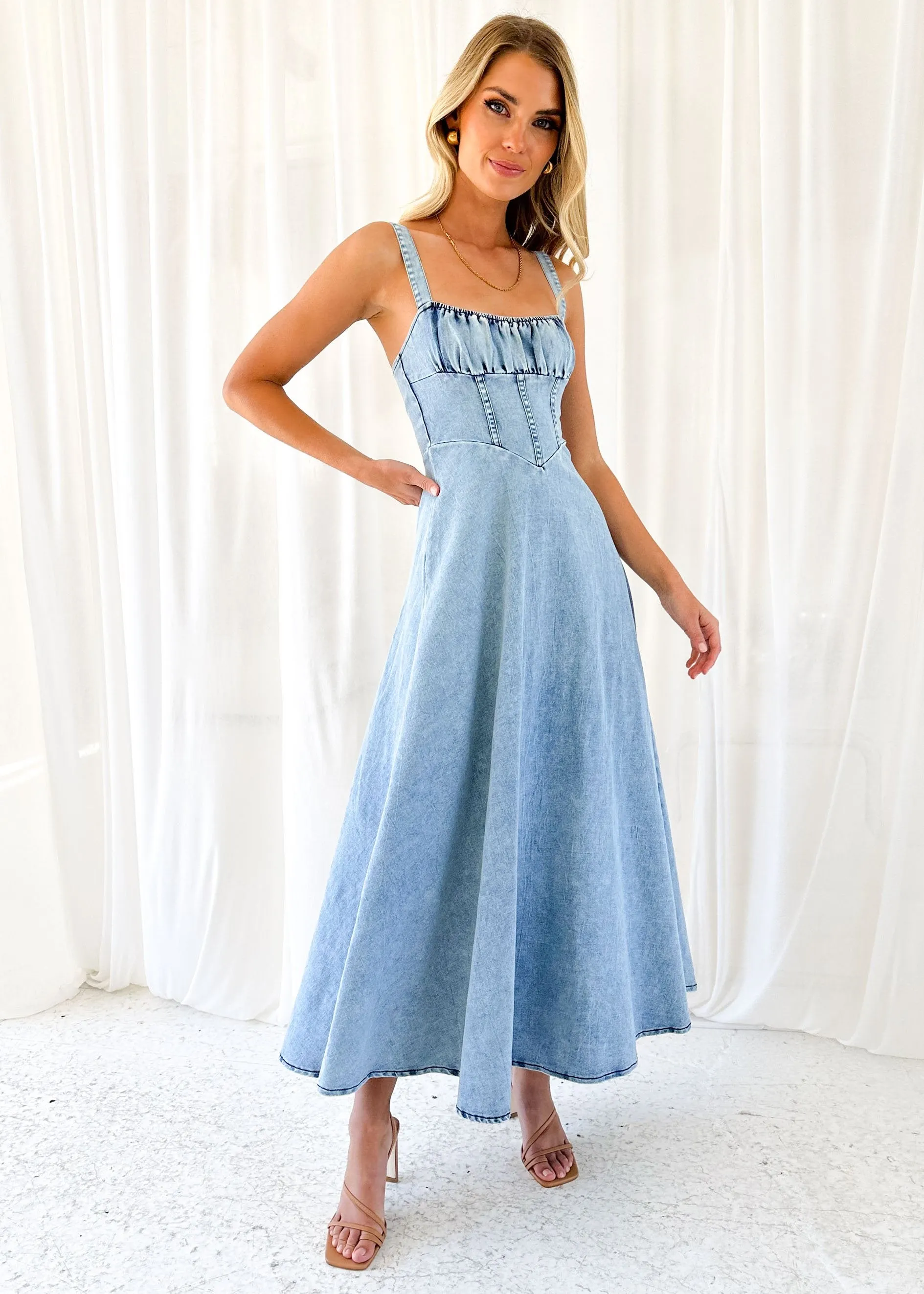 Lynda Stretch Denim Midi Dress - Washed Blue sold by Gingham & Heels product image thumbnail 3