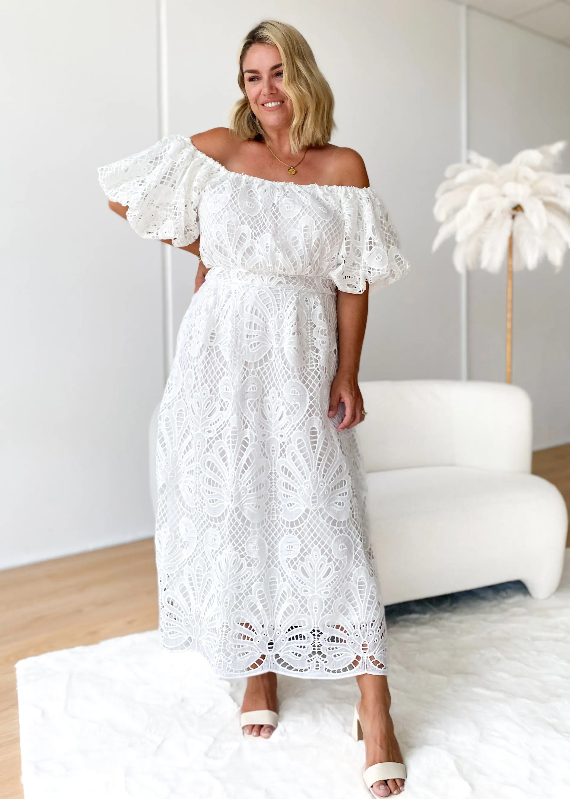 Olanah Off Shoulder Midi Dress - Off White sold by Gingham & Heels product image thumbnail 4