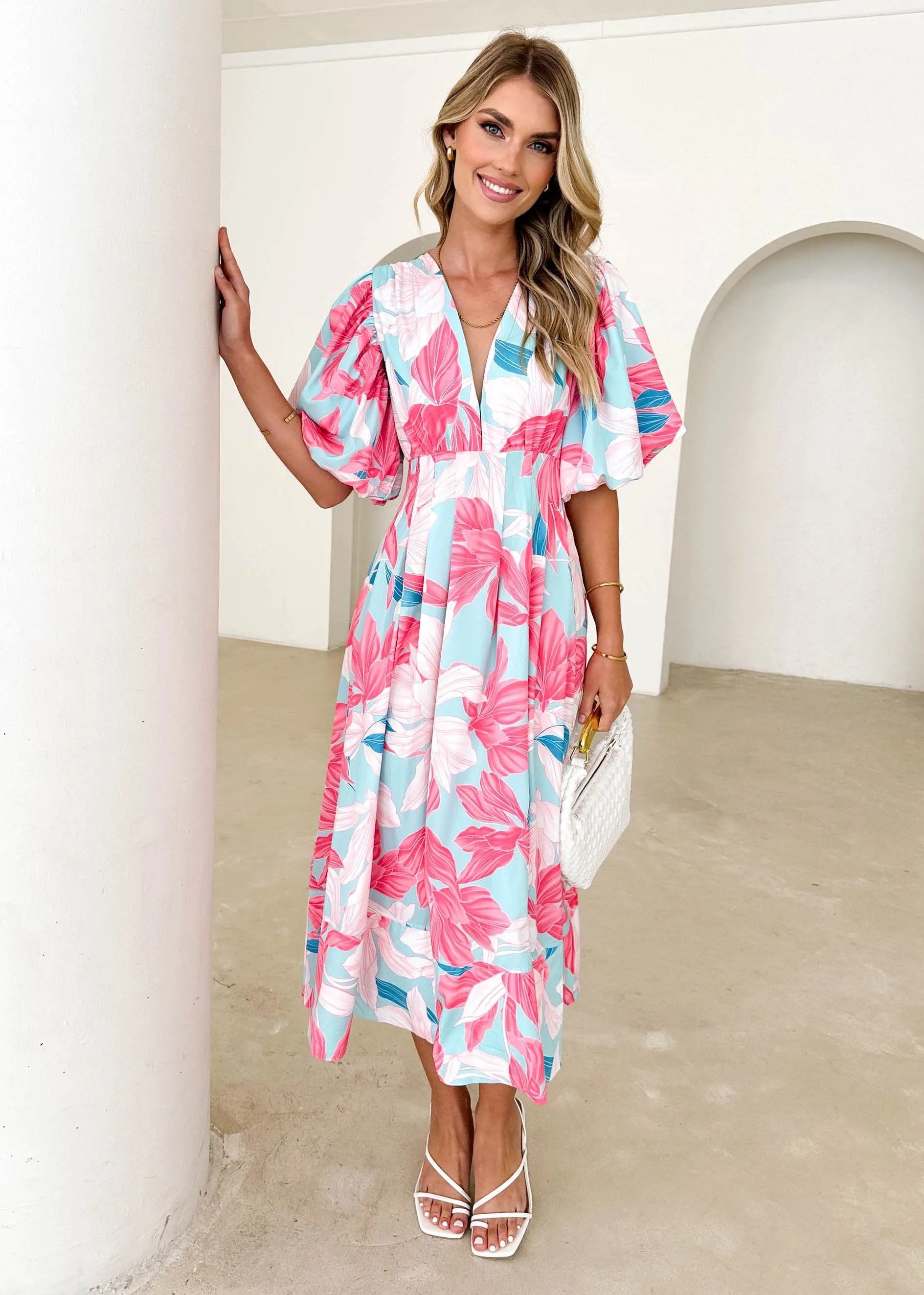 Madelaine Midi Dress - Aqua Floral sold by Gingham & Heels product image thumbnail 3