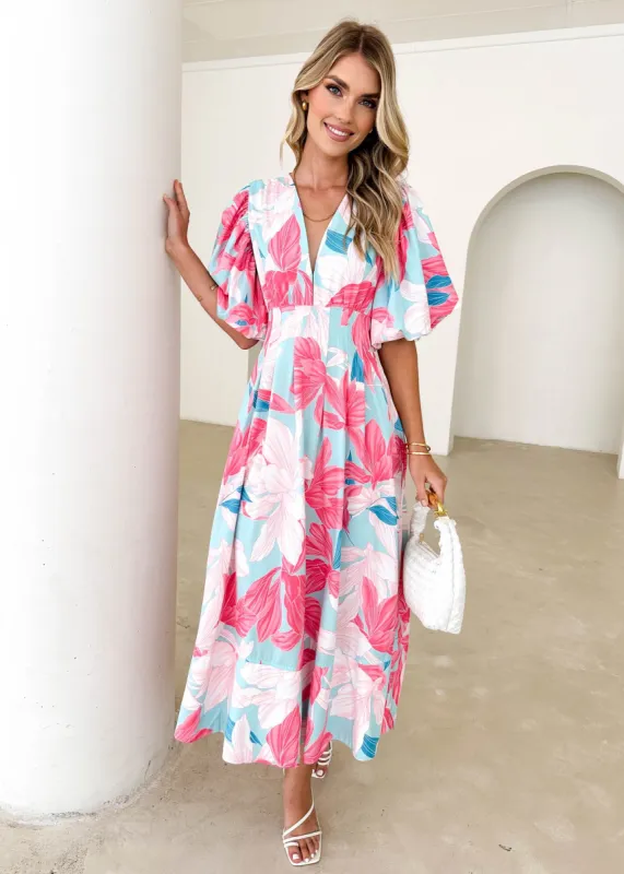 Madelaine Midi Dress - Aqua Floral sold by Gingham & Heels