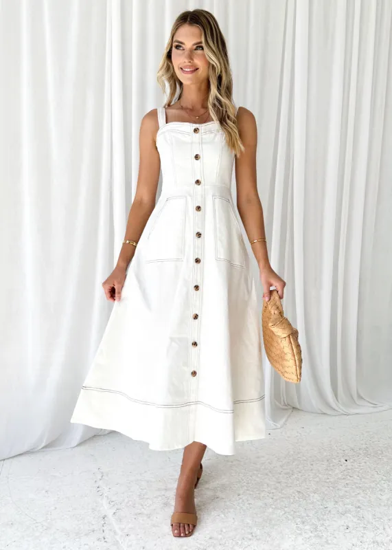 Leatie Stretch Denim Midi Dress - Off White sold by Gingham & Heels