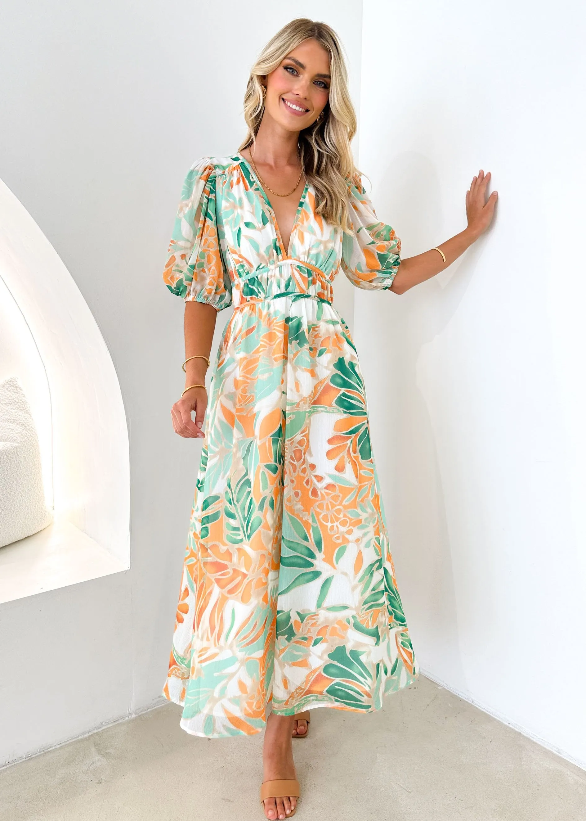 Zanette Midi Dress - Mint Palm sold by Gingham & Heels