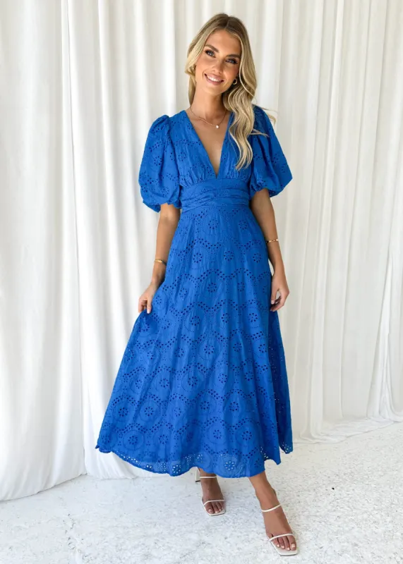 Riska Midi Dress - Blue Anglaise sold by Gingham & Heels
