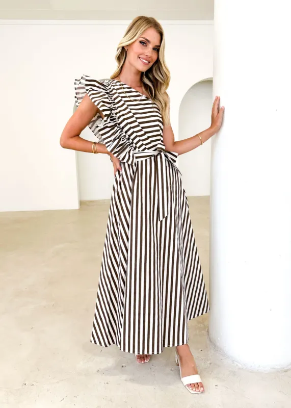Rowler One Shoulder Midi Dress - Chocolate Stripe sold by Gingham & Heels