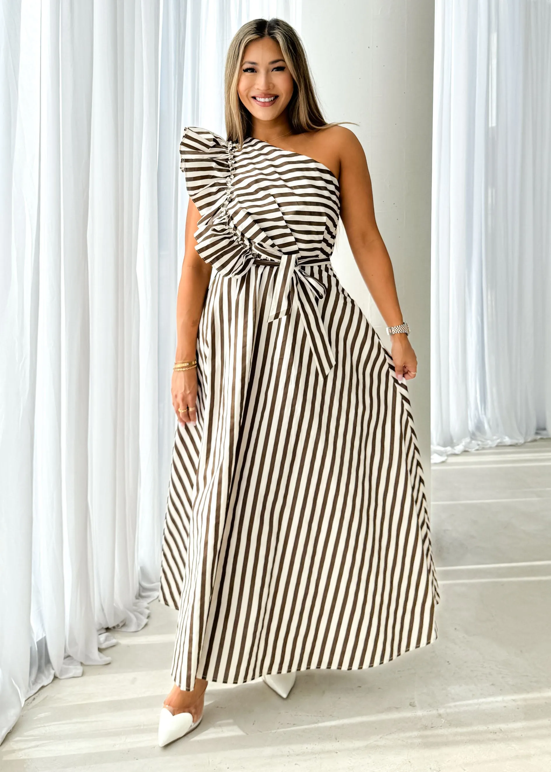 Rowler One Shoulder Midi Dress - Chocolate Stripe sold by Gingham & Heels product image thumbnail 3