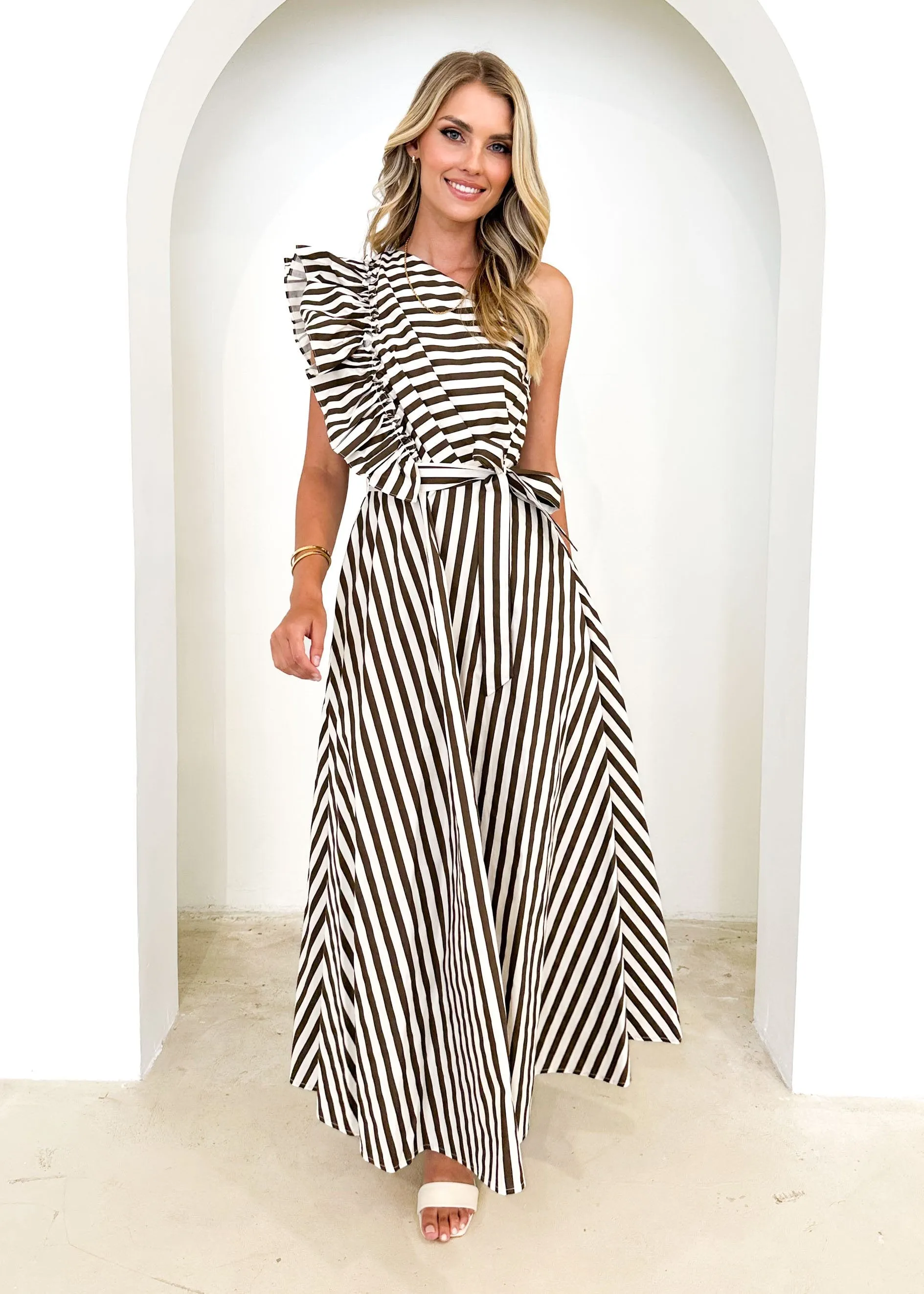Rowler One Shoulder Midi Dress - Chocolate Stripe sold by Gingham & Heels product image thumbnail 2