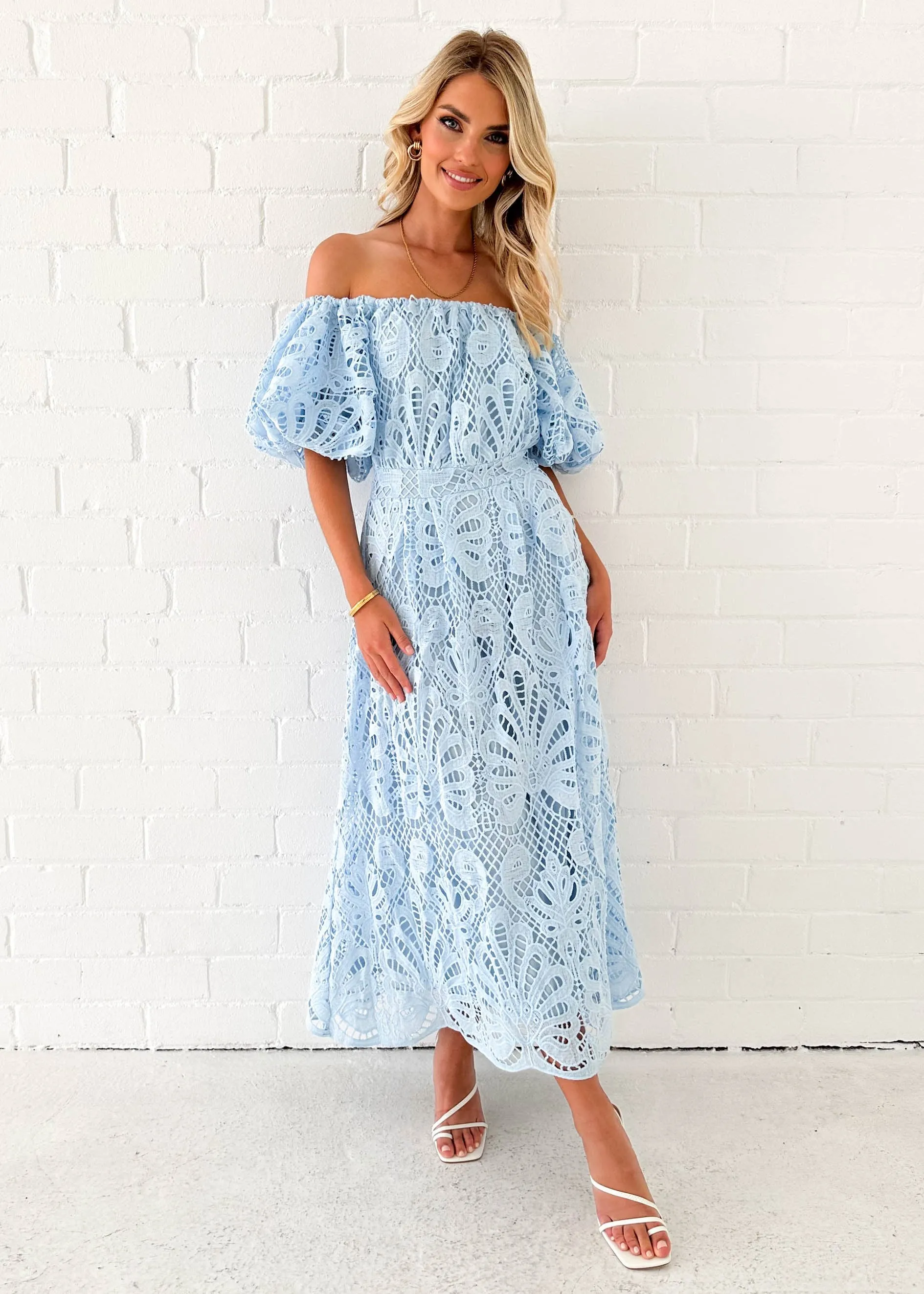 Olanah Off Shoulder Midi Dress - Blue sold by Gingham & Heels