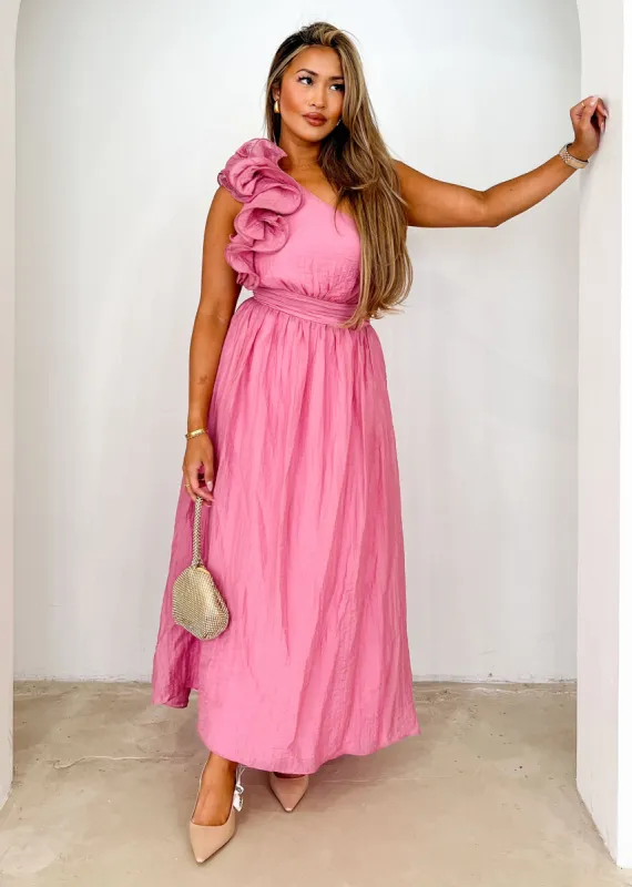 Iksie One Shoulder Maxi Dress - Pink sold by Gingham & Heels